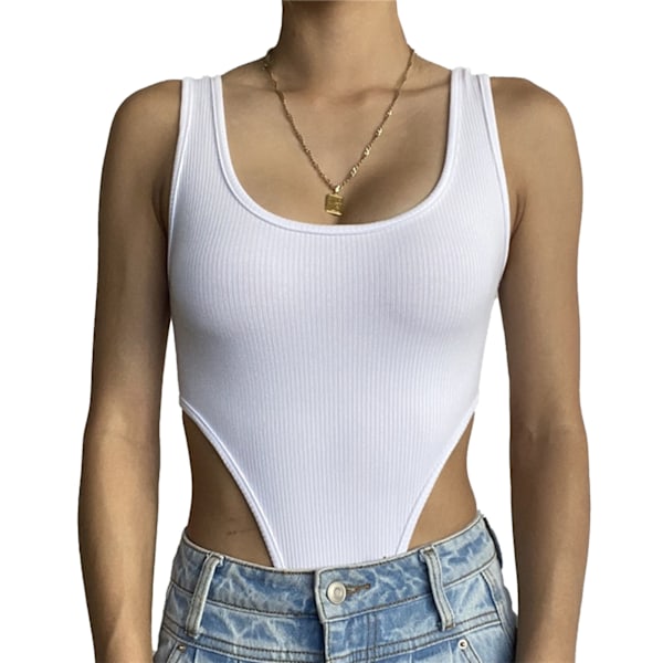 Kvinnors Bodysuit Slim Fit Ribbstickad Ärmlös U-ringad Hög Skuren Ren Färg Bodysuit Tank Top för Fest Resa Semester Vit L