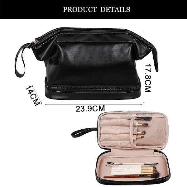 Dobbelt makeuptaske, Rejsetaske til makeup, Makeup-rejsetaske, læderhåndtaske, makeuptaske til kvinder og piger.