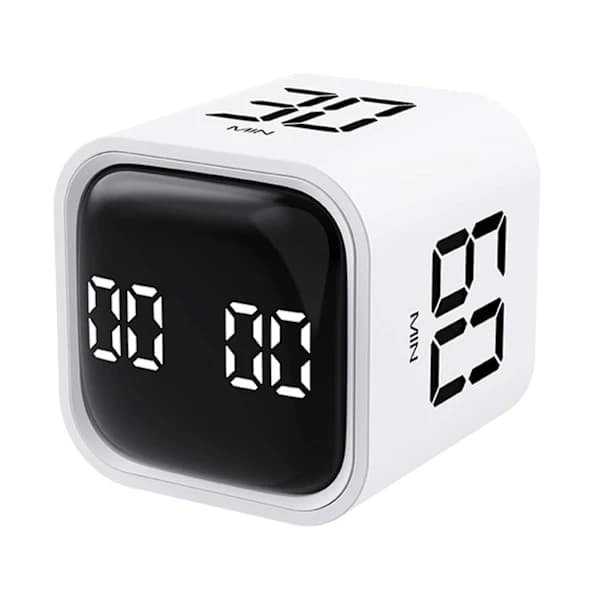 Productivity Cube Timer med gravitationssensor, LED-display, 4 förinställda tider, nedräkning för matlagning, studier, skrivbordsanvändning, vit White