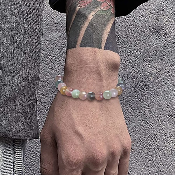 1 elastisk fargerikt edelstensarmbånd med 8 mm perler, egnet for bursdagsgaver til menn og jenter