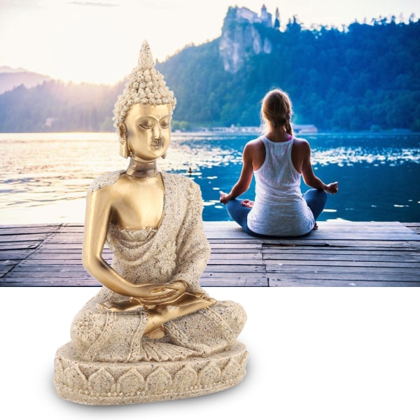 Mediterande Sittande Buddha Staty Carving Figurine Craft för hemmet