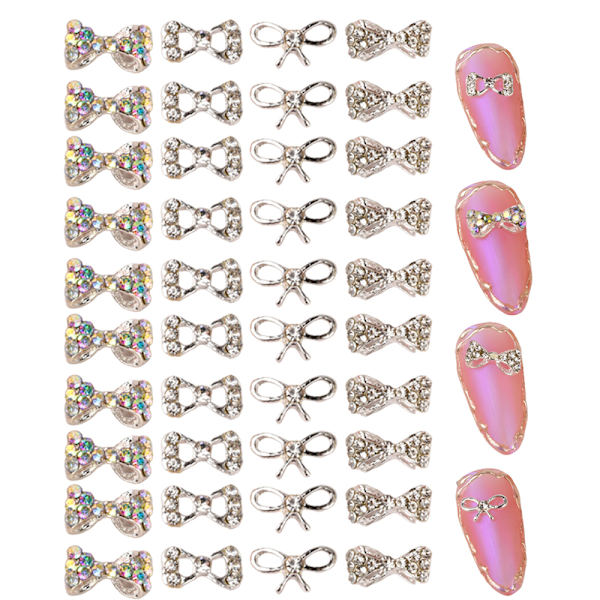40 st Bowknot Nail Alloy Rhinestones för naglar Slips Nagelkristaller Naglar Juveler Rhinestones Nagelkonst Stenar Set