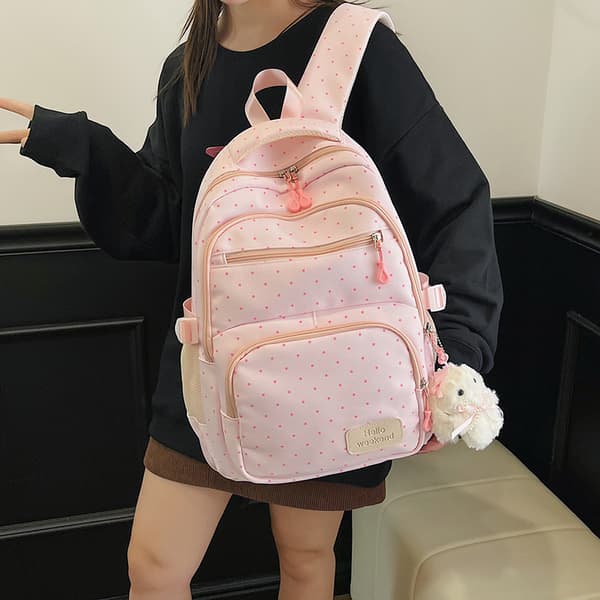 Pink Minimalist Polka Dot School Bag 3-Piece Set: Backpack, Shoulder Bag, Pencil Case – Everyday Set for Students