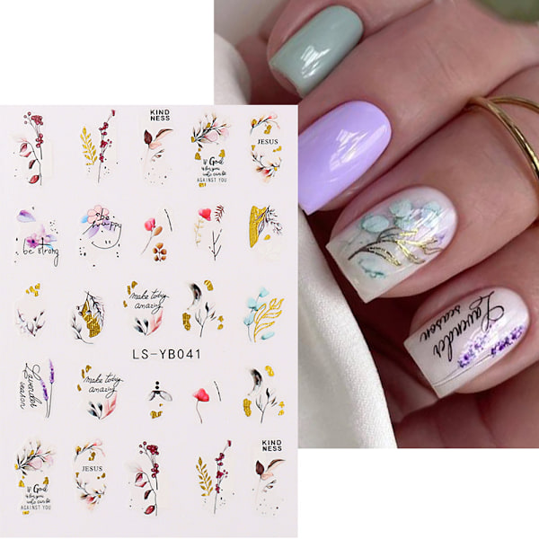 8 st Nagelstickers vår små färska blommor fjäril förgylld urholkad blad Nageldekorationstillbehör
