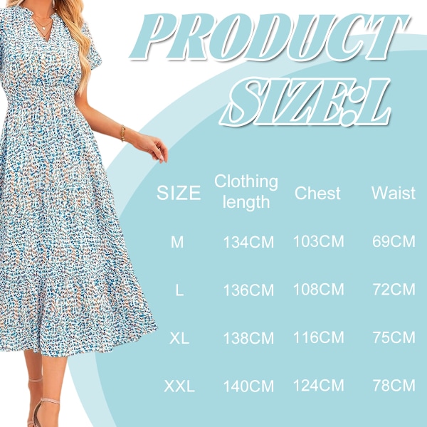 Sommer Maxi Kjole til Kvinder Casual V-hals Puff Kortærmet Smocked Ruffle Flydende Strand Boho Lang Blomsterkjole