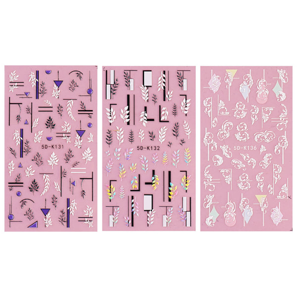 Blomster Nagelsticker Dekaler 5D Nagelkonstmaterial Självhäftande DIY Akryl Nagelkonst, 3 Ark, 10.5*6cm