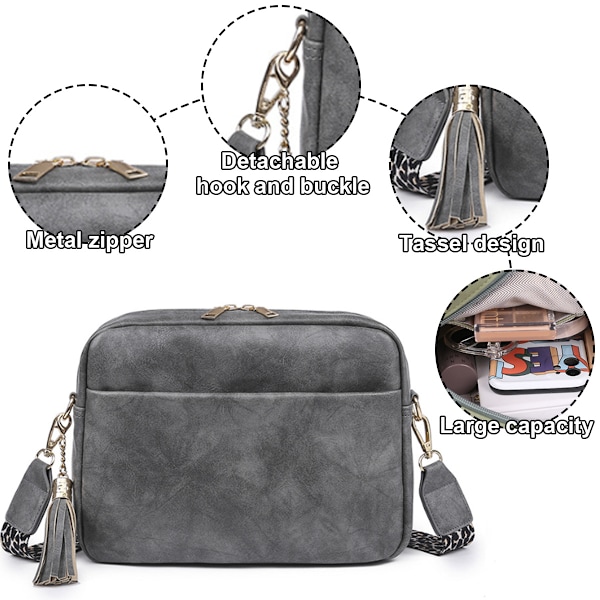 Axelremsväska i Läder för Kvinnor, Crossbodyväska, Kameraväska, Handväska, Cross Body Plånbok, Axelremsväska, Liten, Tre Blixtlås, Veganläder, Bred Rem