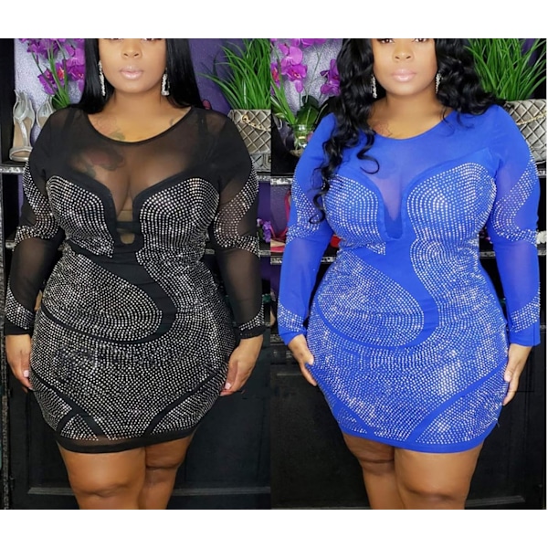 Kvinnors Sexig Plus Size Långärmad Rhinestone Mesh Genomskinlig Festklänning