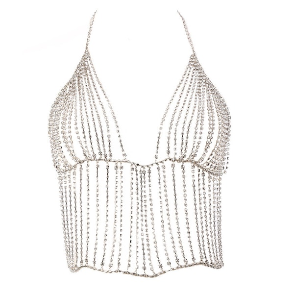Kroppskedja Sexig Strass Bikini BH Kroppshållare Rygglös Paljetter Kedja BH Strand Kropp Tillbehör Smycken
