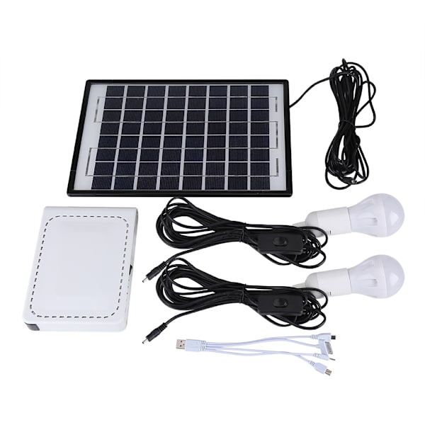 10W Solpanel Strømsystem til Hjembelysning med 2 LED Pærer og USB-Oplader