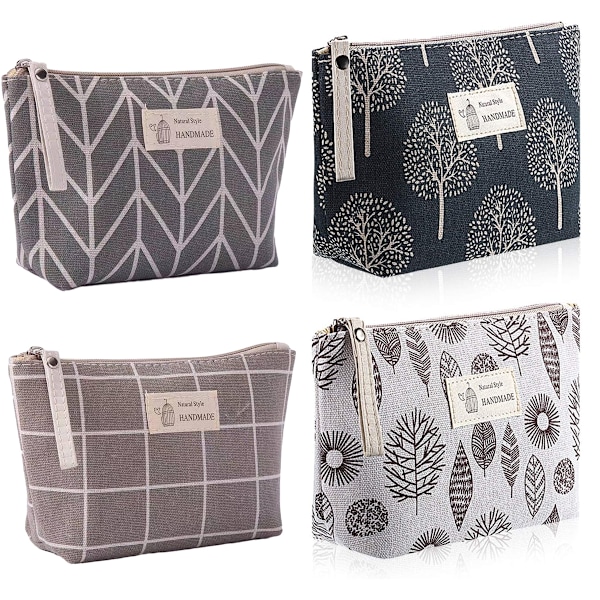 4-pack Canvas Kosmetikpåsar med Tryck, Sminkpåsar med Blixtlås, Multifunktionella Canvas Resepåsar för Kvinnor, Semesterresor, Toalettsaker, 4