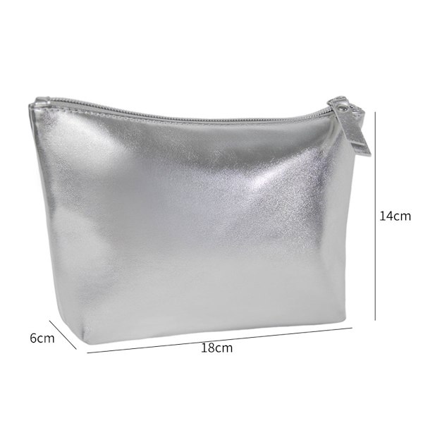Sminkväska, Snygg Dam Zippered PU Läder Kosmetisk Sminkväska, Silverfärg