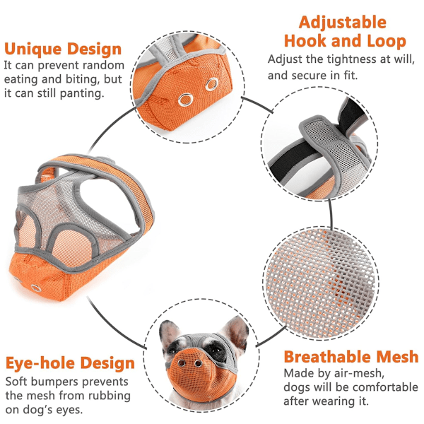 Kort nos hundmunstycke, andningsbart nät anti-bitning tuggning och skällande munstycke (orange-grå)