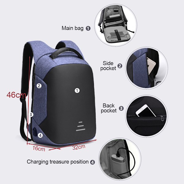14 tommers laptopryggsekk, College-ryggsekk, Business-ryggsekk med USB-ladepunkt