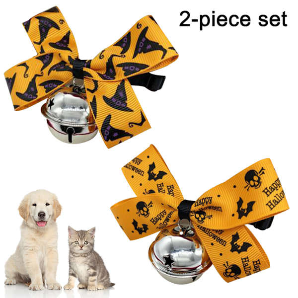 2-pack Halloween kattkrage med rörlig fluga, säkerhetsbortbrytningskrage med klockor (justerbar storlek från 22-36 cm)