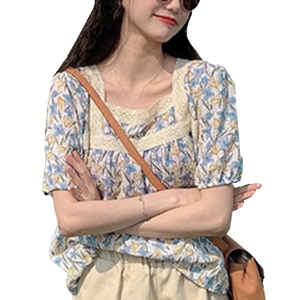 Blus för kvinnor med puffärmar, spetsdetaljer, blommigt tryck, söt, elegant, lös passform, sommar, casual, T-shirt, blommig S