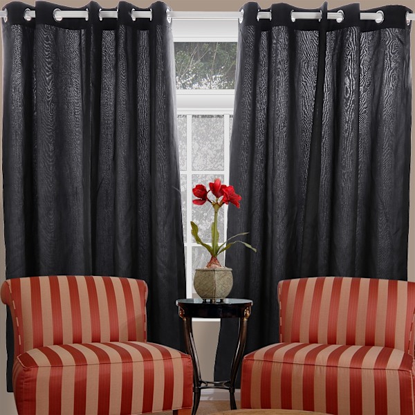 66" X 54" Faux Silk Fabric Fully Lined Curtains Pleat Eyelet Ring Top Drapes With Lining Black