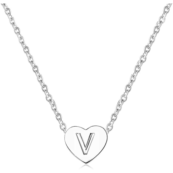 Sølv Halskæde med Lille Hjerte og Initialbogstav til Kvinder og Piger - Personlig Navnevedhæng - Alphabet A-Z - Choker Halskæder