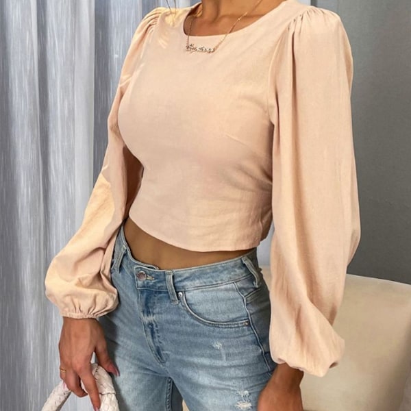 Sexy Langærmet Bluser til Kvinder med Udskæring i Halsen og Åben Ryg - Ensfarvet Casual Criss Cross Tie Back Crop Blouse Top