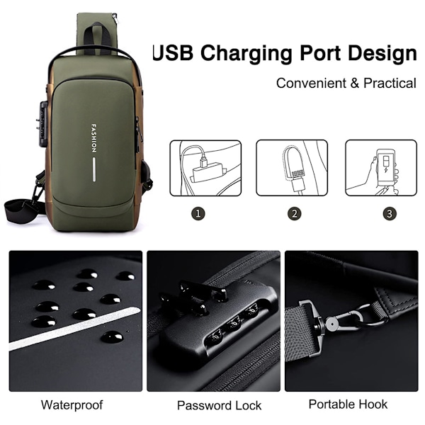 Yhden olkapään monitoiminen lähettilaukku, salasanallinen lukko, vedenpitävä USB-latausportti, rinnassa kannettava laukku