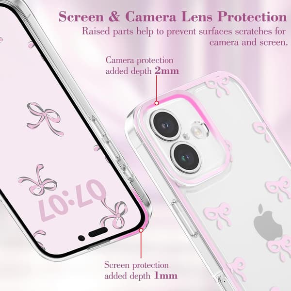 Pink Floral Ribbon, Transparent Case for iPhone 16 Plus with Raised Camera Protection [TT] iPhone 16PLUS