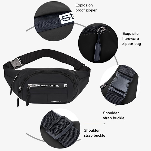 Stor Midjeväska för Kvinnor Plus Storlek Svart Midjeväska, Crossbody Väska med Justerbara Bältesremmar Trendig Resa Vandring Promenad Bältesväska för Män
