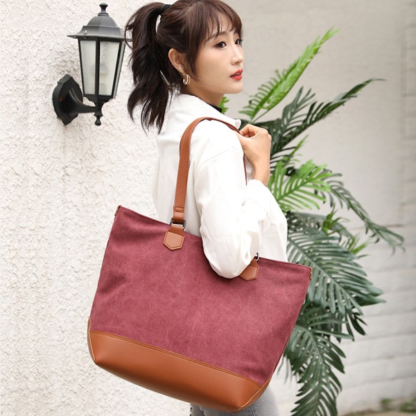 Canvas Håndtaske Canvas Læder Tote Bag Multi-Rum Tote Pung Tasker