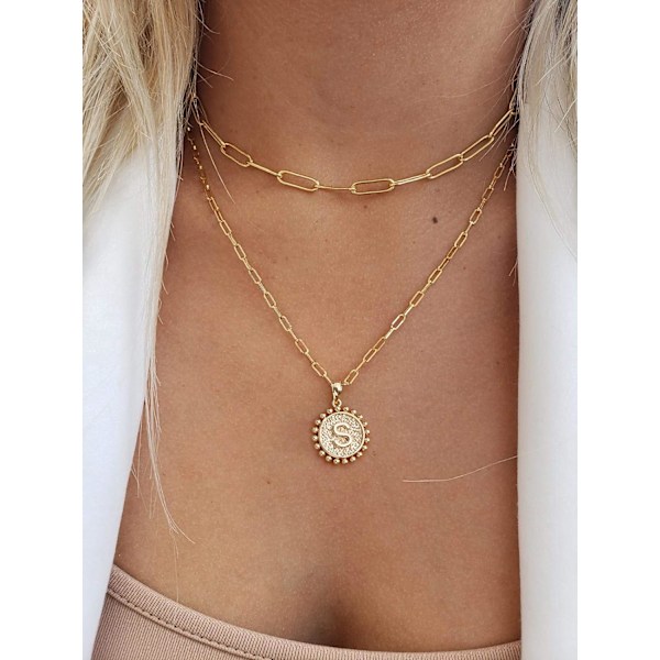 Guld Initial Halsband för Kvinnor Flickor, 14K Guldpläterad Fin Lager Papper Klipp Länk Halsband Personlig Mynt Initial Lager Guld