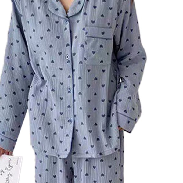 Dam Pyjamas Set med Knappar Långärmad Hjärtmönster Nedåtvänd Krage Lös Mjuk Dam Nattkläder för Vår Höst Hem Blå L