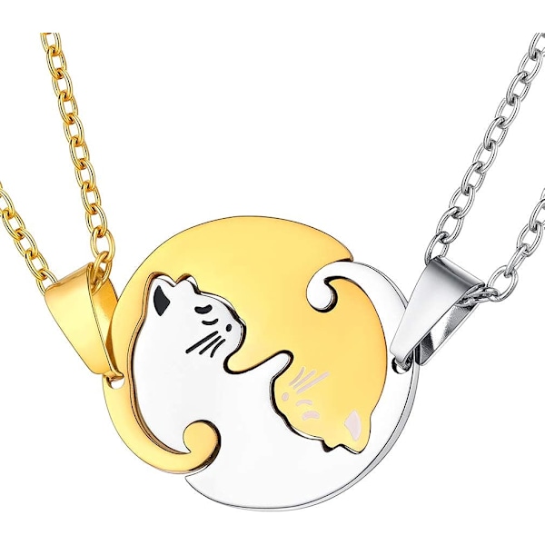 Parhalsband för par, rostfritt stål, matchande för pojkvän och flickvän, enkel söt katt hjärta yin yang halsband för par