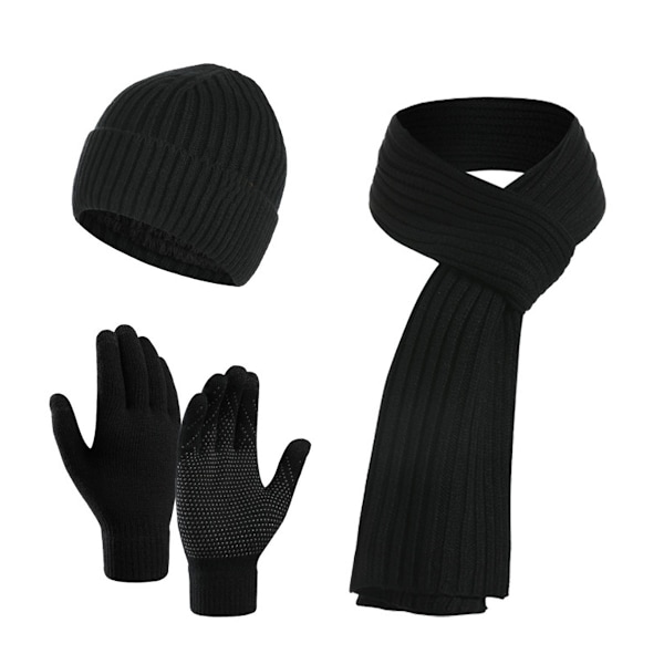 Vinterstrikket varm lue, skjerf og hansker for kvinner - Beanie + langt skjerf + berøringsskjermhansker - Hodeskalleluer, hals skjerf for kvinner og menn