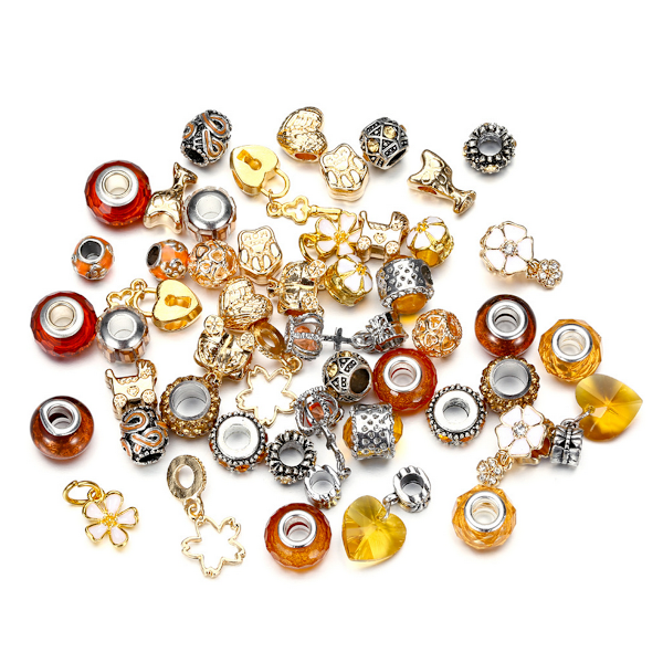 Pakke med 50 europæiske perler, perler med stort hul, rondelle-afstandsperler, blandet, assorterede farver til charms-armbånd