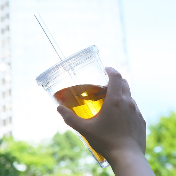 Dubbelväggig Tumlare med Sugrör, Plasttumlare, Återanvändbara Iskaffe Tumlare, Transparenta Tumlare
