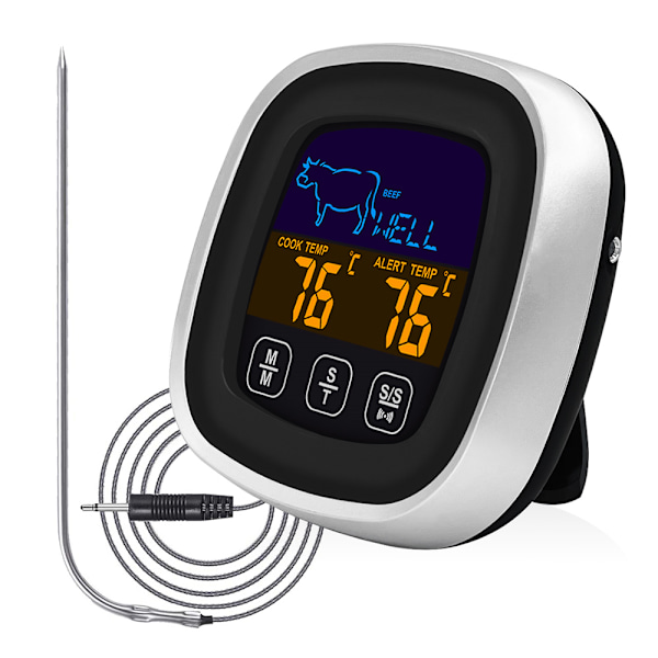 Digital kötttermometer med stor pekskärm LCD, med lång sond, kökstimer, bakgrundsbelysning Omedelbar avläsning för rökare Köksgrillugn, grill