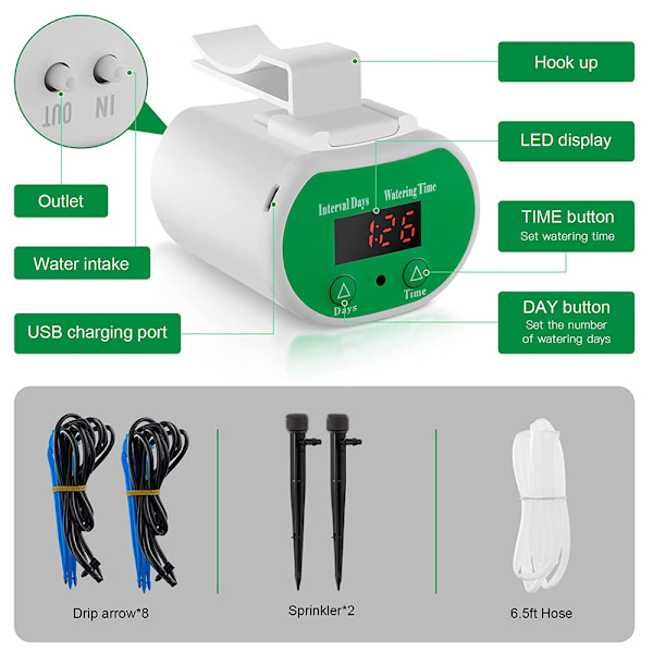 Automatisk Bevattningssystem, Bevattningssystem för Inomhusväxter, Krukväxter Kit, LED-Display och USB-Strömstation, Självbevattningssystem, DIY Automatisk