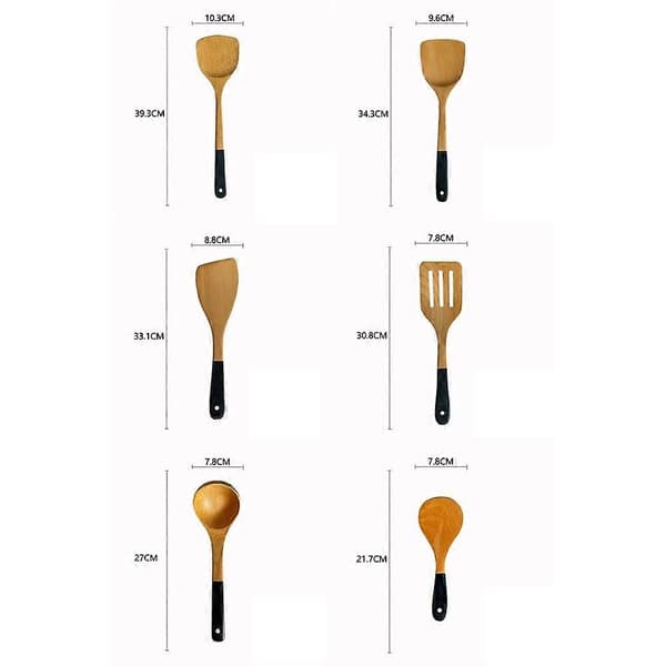 6 st Set med matlagningsredskap i bokträ, non-stick stekspadar och träslevar