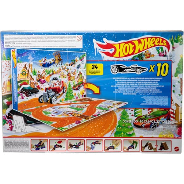 Hot Wheels legetøjsbiler og sæt, 2025 Julekalender, inkluderer 10 legetøjsbiler, 10 dekorative clips og 14 vintertema-tilbehør.