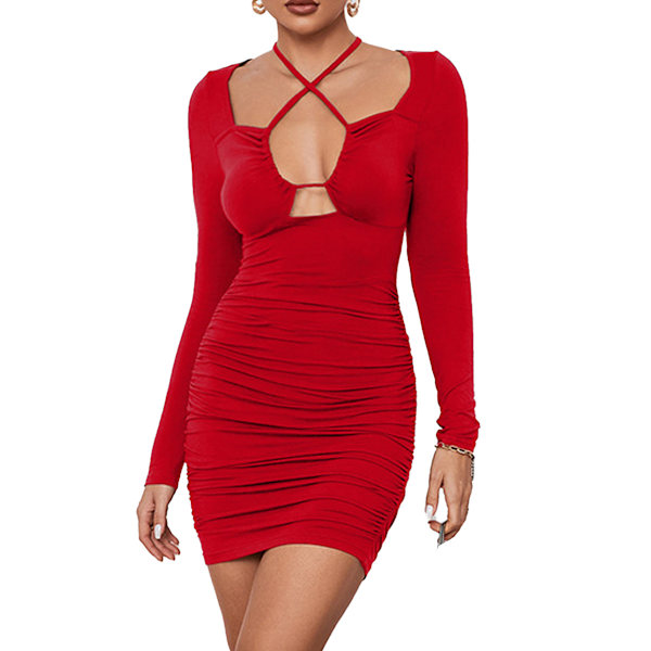 Kvinners Cut Out Crisscross Halter Sexy Lang Ermet Fest Rynket Bodycon Minikjole - Rød