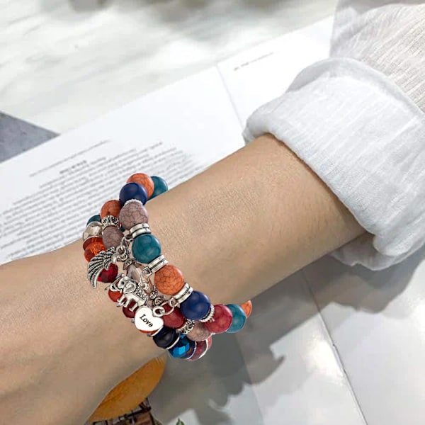 Enkel Bohemisk Pärl-Elefantvingar Kärlek LOVE Mönster Boll Armband Armband