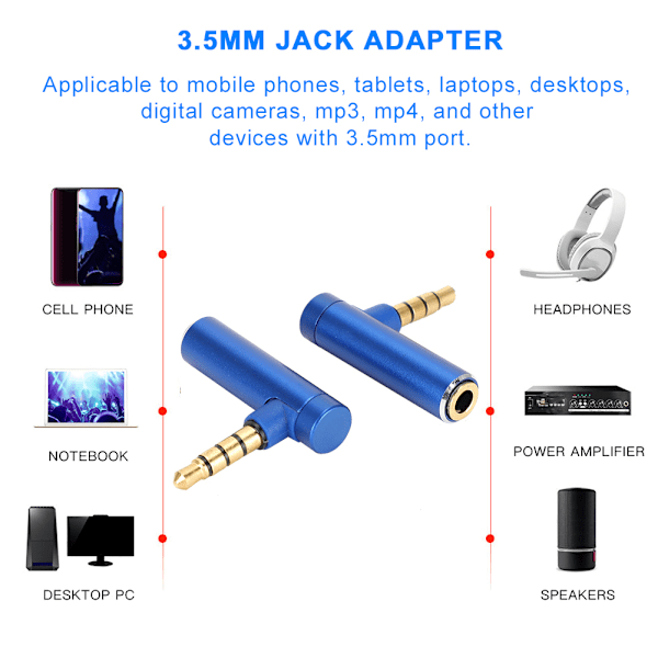 2 stk. 3,5 mm han til hun lydadapter retvinklet stereo hovedtelefonkabel jackstik
