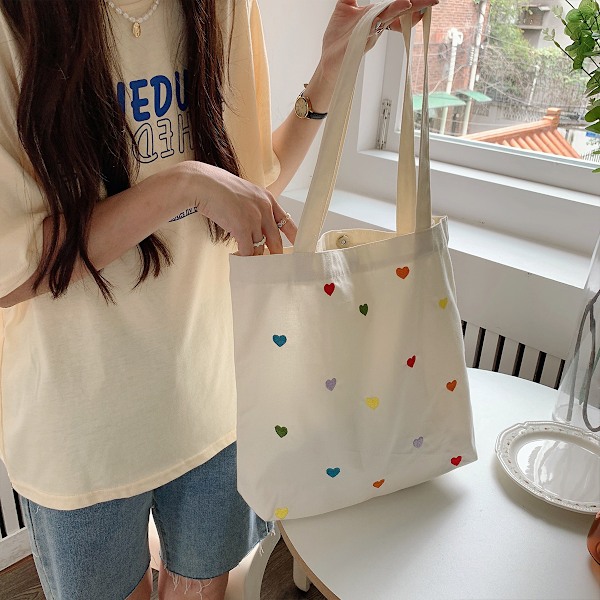 Hjertetrykk Casual Canvas Tote Håndveske Kvinner Stor Kapasitet Håndveske Skulderveske med Lommer Gjenbrukbar Matvare Canvas Tote Vesker