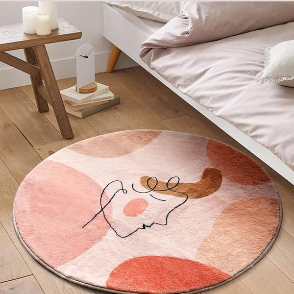 Søde lyserøde runde badeværelsestæpper 60 cm imiteret uld blød fluffy cirkel bademåtte med gummibagside moderne abstrakt æstetisk kunst mønstret badeværelsestæppe