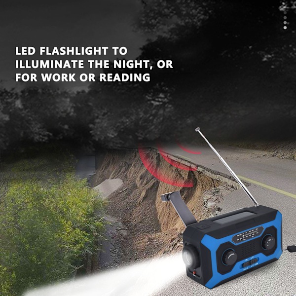 Håndsveiv Nød Væradio AM/FM Bytte Batteriindikator Lommelykt Solcelle Power Bank for Utendørs Camping Blå EU-Versjon