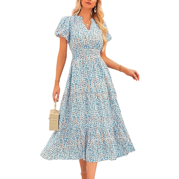 Sommer Maxi Kjole til Kvinder Casual V-hals Puff Kortærmet Smocked Ruffle Flydende Strand Boho Lang Blomsterkjole