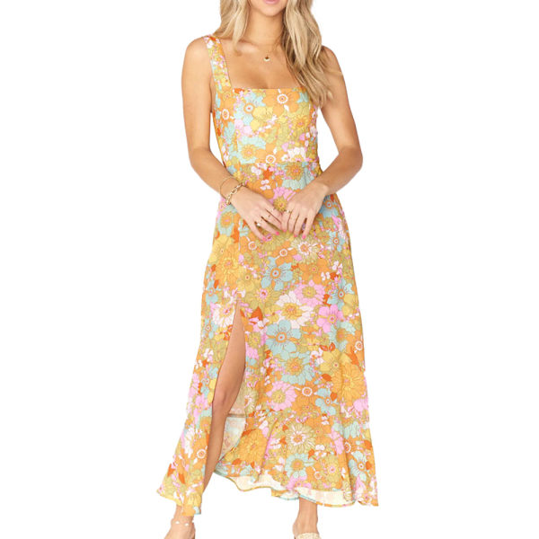 Elegant Kvinners Kvadratisk Hals Kolorfull Maxi Kjole Blomstertrykk Avslappet Vintage Med Båndstropper Split Kjole