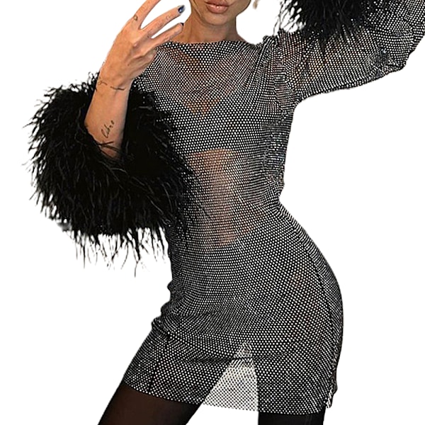 Sexy Kvinders Fjer Mesh Gennemsigtig Kjole Mode Sequin Skinnende Party Club Kjole Langærmet Mini Kjole - Sort
