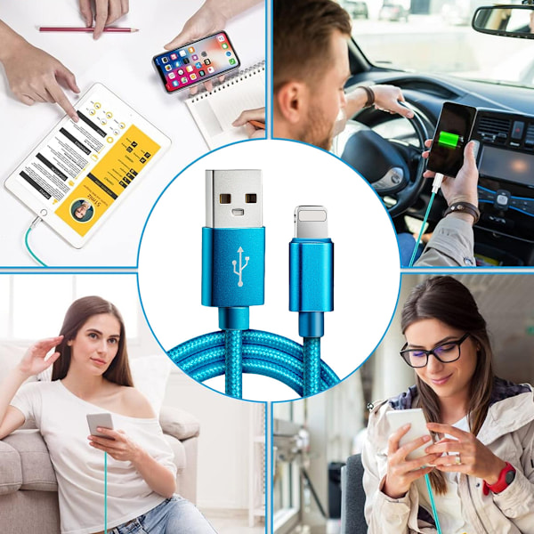 3 st hög kvalitet för iPhone-laddningssladd 1,2 och 3 meterlljusblå