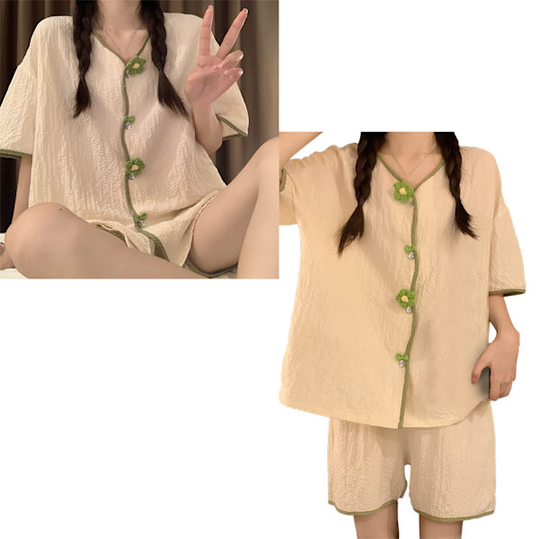 Dam Pyjamas med Korta Ärmar, 2-Delar, Söt, Mjuk, Bekväm, Andningsbar, Loungewear för Sommar, Liten Aprikosgrön Blomma, XL
