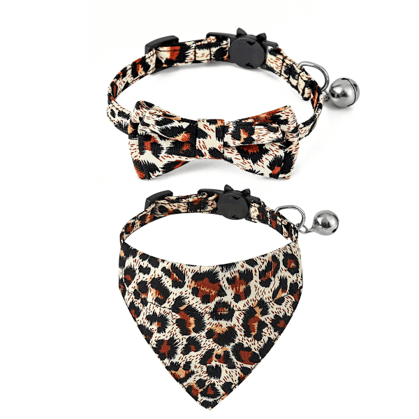 2 st kattkrage bandanas klockor set, kattkrage avtagbar med söt fluga och klocka, tillbehör för husdjurskragar med leopardmönster