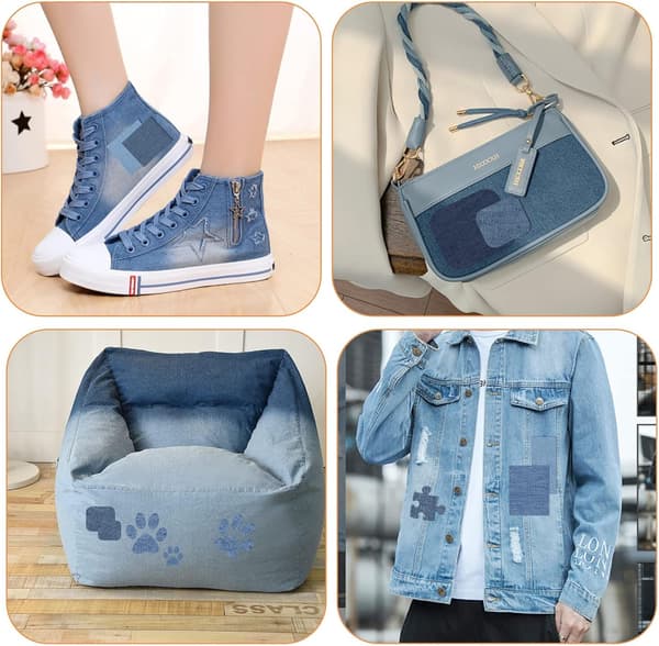15 strykelapper, stort lappsett 28×12,5 cm, denimstoff